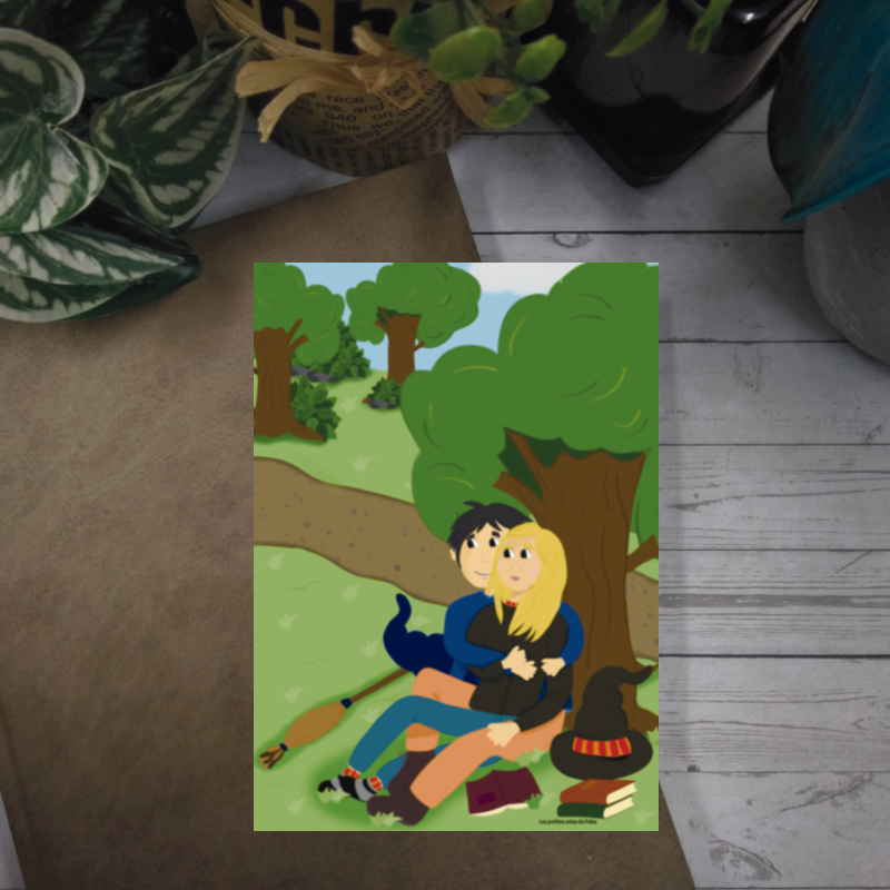 Illustration d'un jeune couple au pied d'un arbre dans un parc.