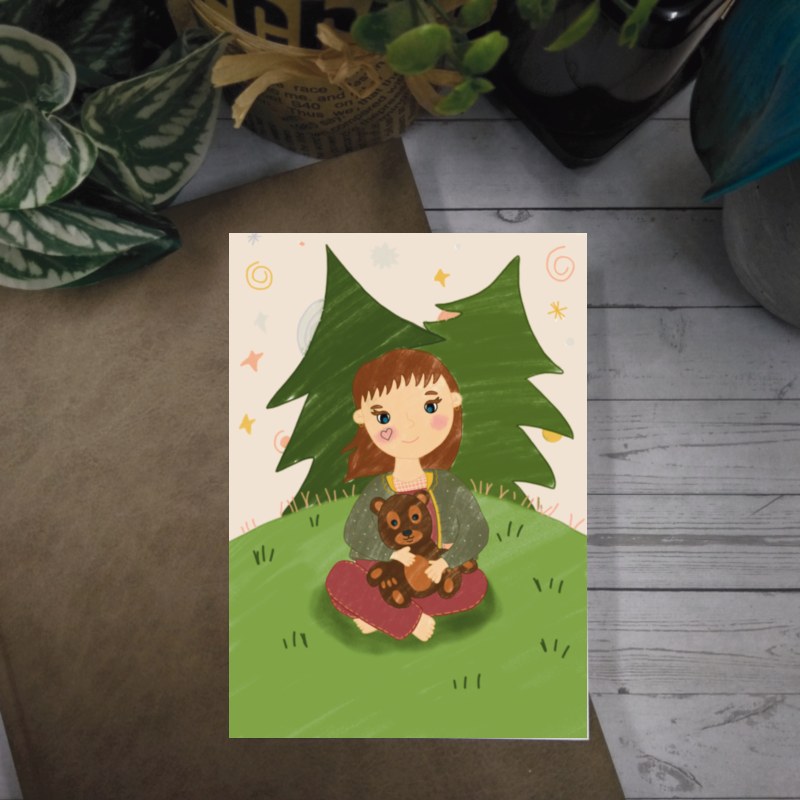 Illustration avec une petite fille tenant un ourson en peluche. DTIYS de l'anasonge