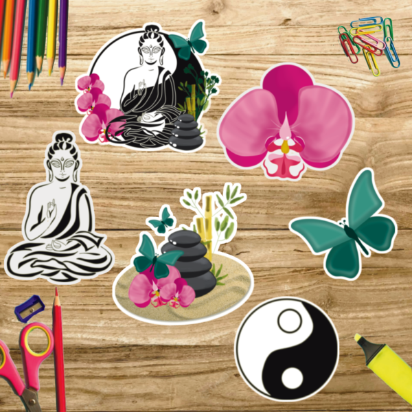 Stickers sur le thème zen et bouddha avec un papillon, une orchidée, le ying et yang